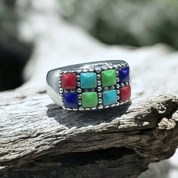 925 Sterling Silver Jewelry - 🌺 Sterling Silver Multicolor Stone Ring – Southwest / Zuni Style